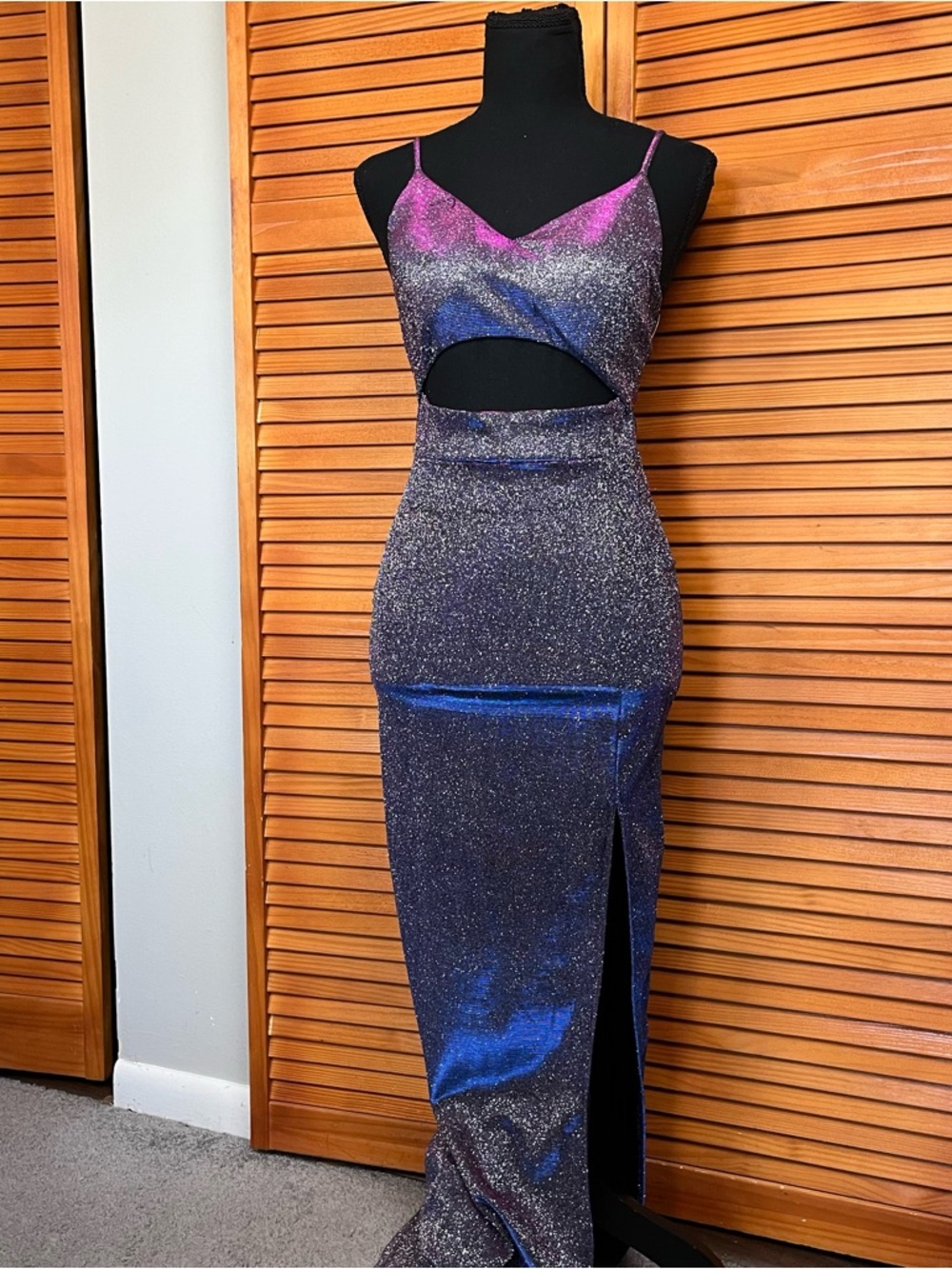 Windsor Spaghetti Strap Cut Out Sparkle Evening Dress